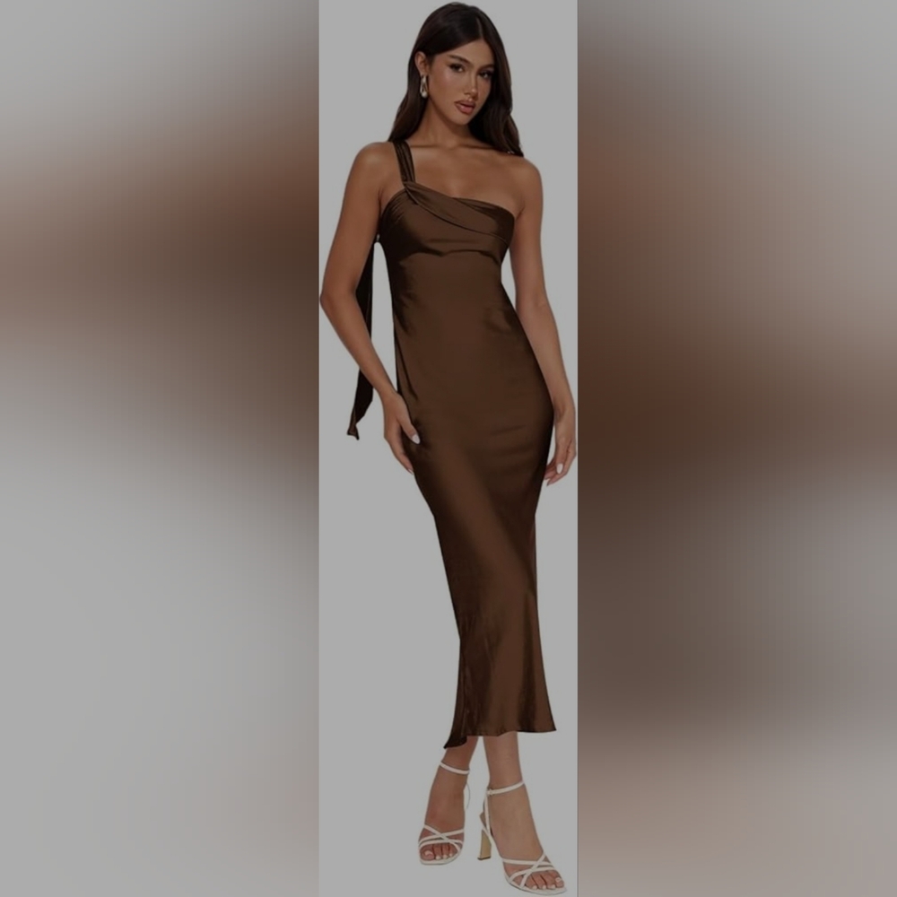 Elegant, Satin Brown One-Shoulder Dress
